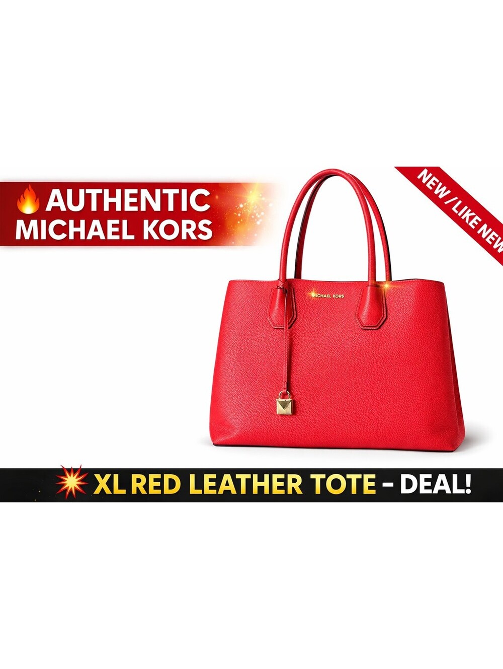 Michael Kors Mercer XL Tote Bright Red Leather Large Shoulder Bag MK Lock Charm